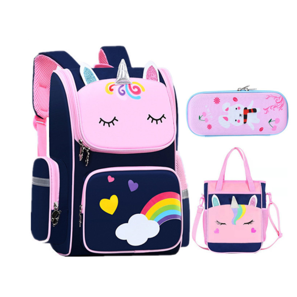 Fengdong cute 3D cartoon school backpack set elementary school bags for girls rainbow love heart children pen pencil handbag set