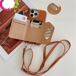 Luxury Card Slot Holder Wallet Lanyard Case For iPhone 14 13 12 11 15 Pro Max XR 7 8 Crossbody Necklace Strap With Mirror Cover