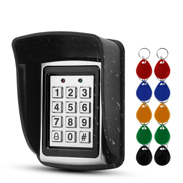 Outdoor Metal RFID Access Control Keypad Card Reader Waterproof Cover 125KHz 10PCS Keyfobs Rainproof for Access Control System