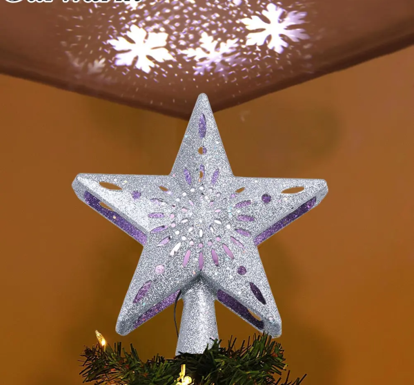 OurWarm 3D Glitter Star LED Christmas Tree Topper with Built-in Rotating White Snowflake Projector Laser Christmas Tree Ornament