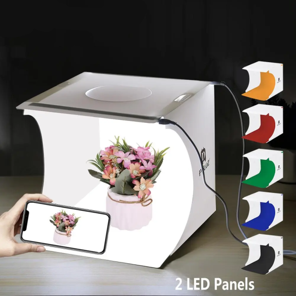 PULUZ Miniature Tabletop Shooting Box Photography Studio Light Box with 2*LED Lightbox Diffuser Softbox Kit 6 Color Backdrops
