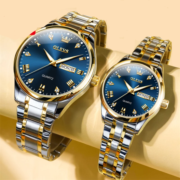 New Golden Diamond-encrusted Quartz Watches For Couple Stainless Steel Strap Fashion Waterproof Lover's Wristwatches