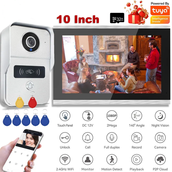 TUYA 1080P 10 Inch 7 Color Touch Screen Wireless Wifi Video Doorbell Smart APP Home Intercom Kit for RFID Access Control System
