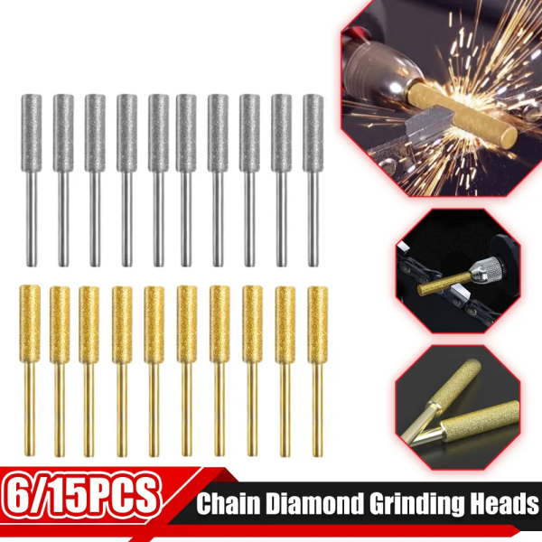 6/10/15PCS Diamond Coated Cylindrical Burr 4/4.8/5.5mm Chainsaw Sharpener Stone File Chain Sharpening Carving Grinding Tools Kit